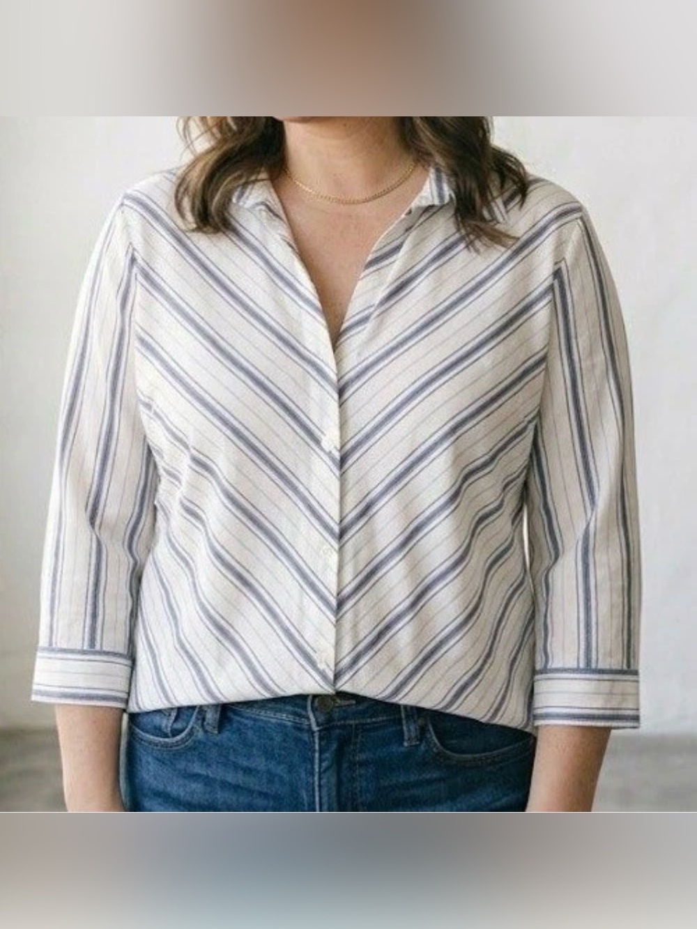 Chico's White and Blue Striped Button-Down Shirt